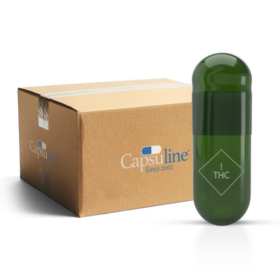 ! THC M Printed Colored Vegetarian Empty Two-Piece Capsules Size 00 - Translucent Green - (Box of 75,000) - THC M Printed Logo