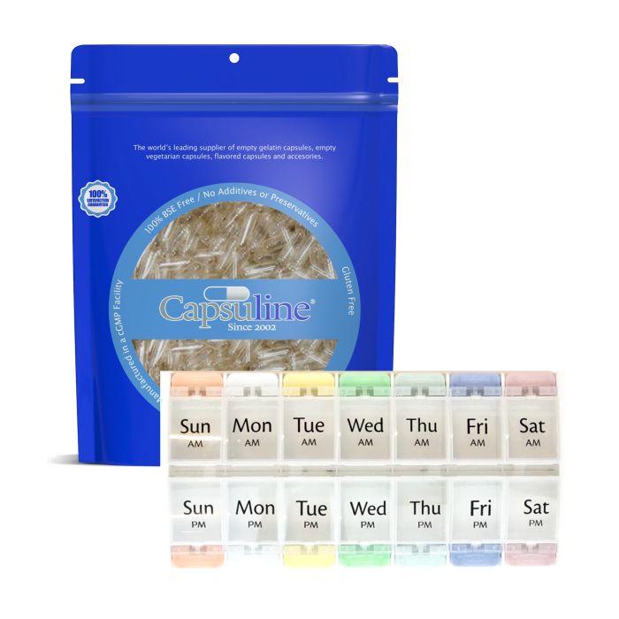 Clear size 000 Empty Gelatin Capsule 500 count + 7-Day Planner Organizer for pills and supplements