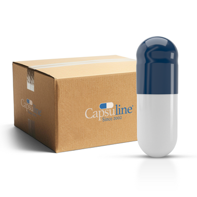 Colored Size 0 Empty Vegetarian Capsules by Capsuline - Blue/White (Box of 100,000) - Blue/White