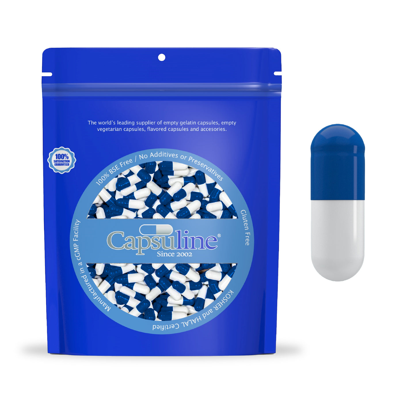 Colored Size 00 Empty Gelatin Capsules by Capsuline - Blue/White