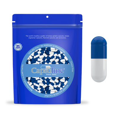 Colored Size 000 Empty Gelatin Capsules by Capsuline - Blue/White