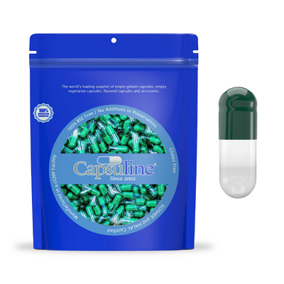 Colored Size 0 Empty Gelatin Capsules by Capsuline - Green/Clear